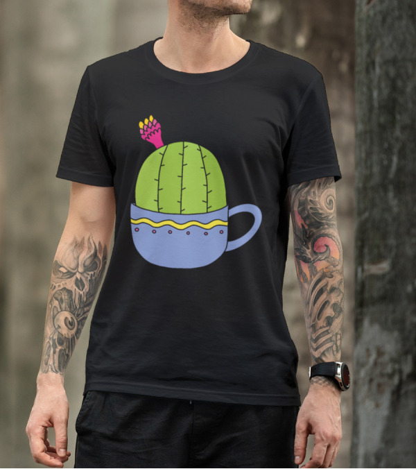 Mini Cactus With Pink And Yellow Flower In Decorative Blue Cup T-Shirt