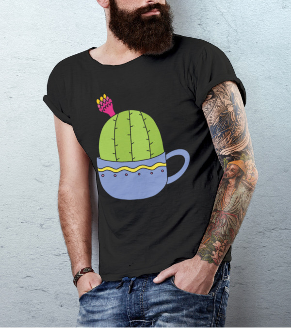Mini Cactus With Pink And Yellow Flower In Decorative Blue Cup T-Shirt