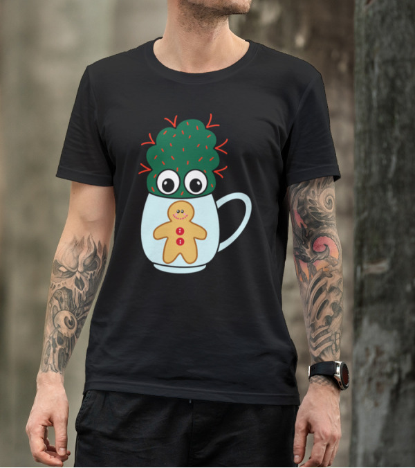 Mini Cactus With Red Spikes In Cute Gingerbread Mug With Big Eyes T-Shirt