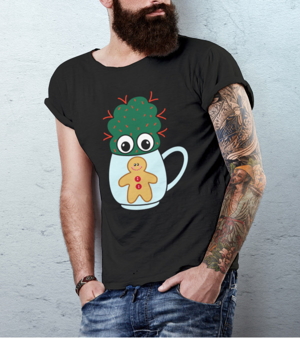 Mini Cactus With Red Spikes In Cute Gingerbread Mug With Big Eyes T-Shirt