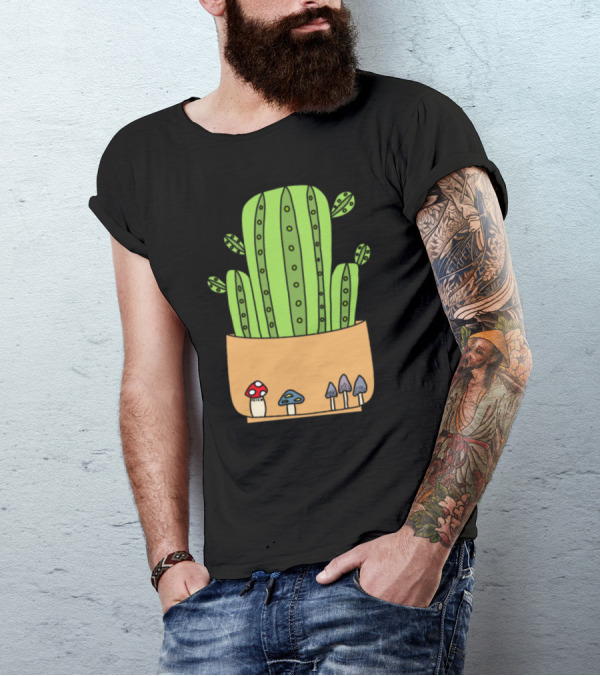 Mushroom For Cacti Potted Green Cactus With Colorful Mushrooms T-Shirt