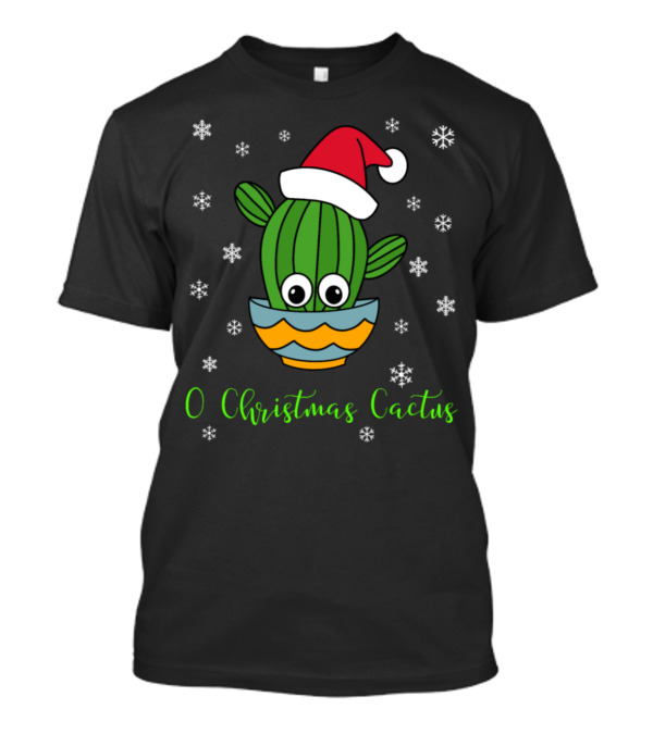 O Christmas Cactus Cactus With A Santa Hat In Snowflakes T-Shirt