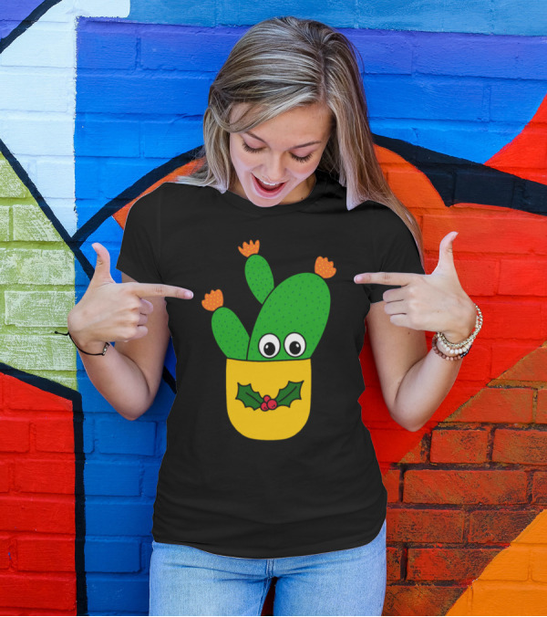Opuntia Microdasys Cactus With Christmas Holly In Pot T-Shirt