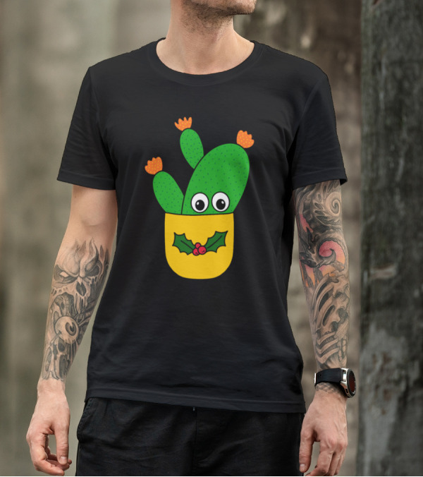 Opuntia Microdasys Cactus With Christmas Holly In Pot T-Shirt