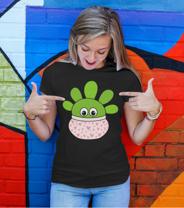 Opuntia Microdasys Cactus With Cute Heart Pot And Adorable Eyes T-Shirt
