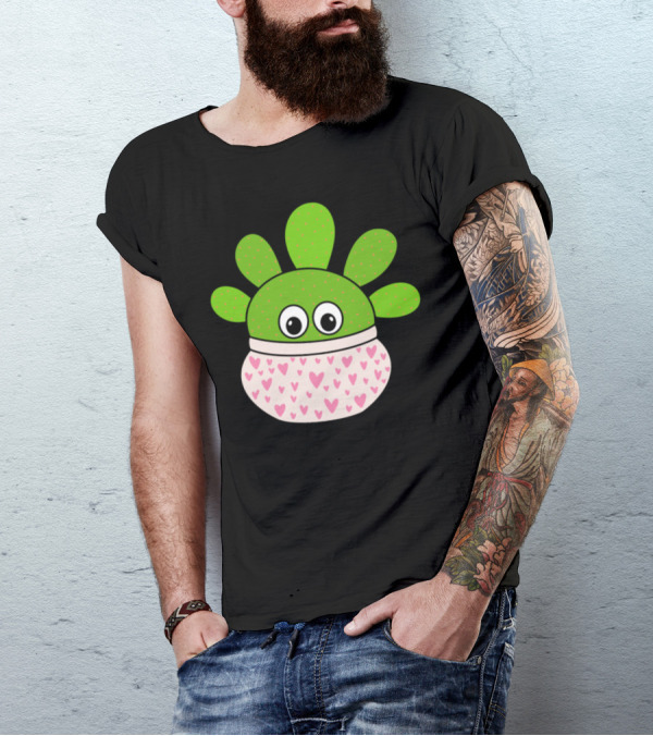 Opuntia Microdasys Cactus With Cute Heart Pot And Adorable Eyes T-Shirt