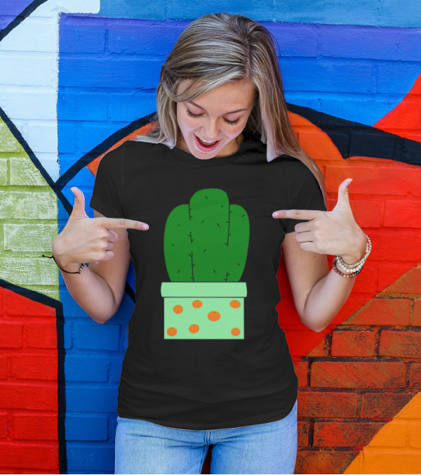 Orange Dotted Pot Green Cactus T-Shirt