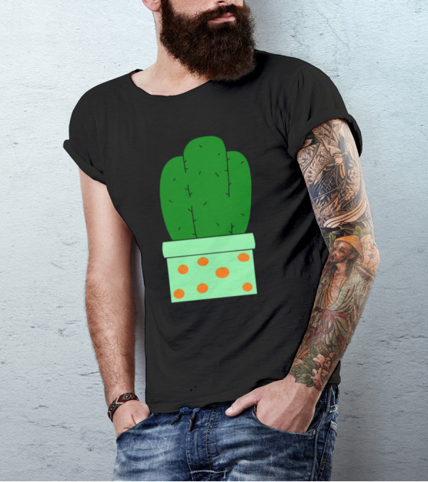 Orange Dotted Pot Green Cactus T-Shirt