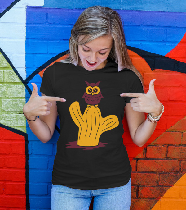 Owl Bird Cartoon On Cactus Sweet Comic T-Shirt