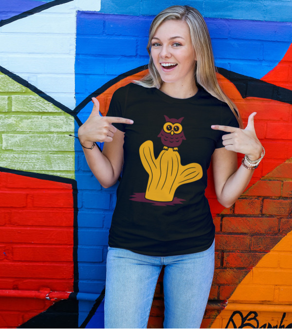 Owl Bird Cartoon On Cactus Sweet Comic T-Shirt