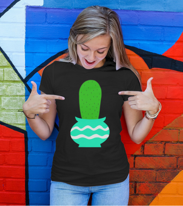 Plain Thumbup Cactus Pot With Wavy Lines T-Shirt