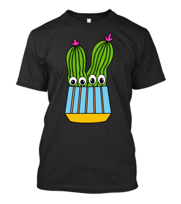 Potted Cacti Trio With Pink Flowers And Striped Planter T-Shirt