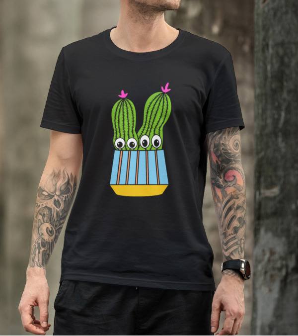 Potted Cacti Trio With Pink Flowers And Striped Planter T-Shirt