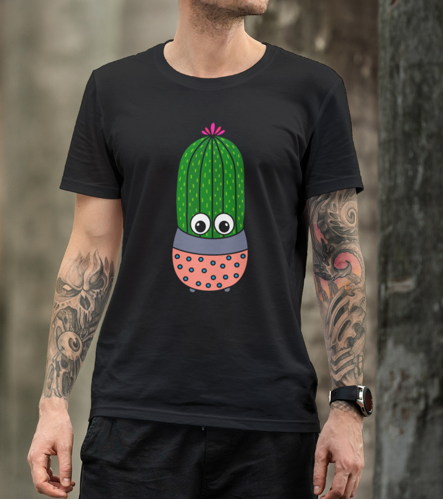 Potted Saguaro Cactus Cute Flower Pink Dotted Planter Cute Eyes T-Shirt
