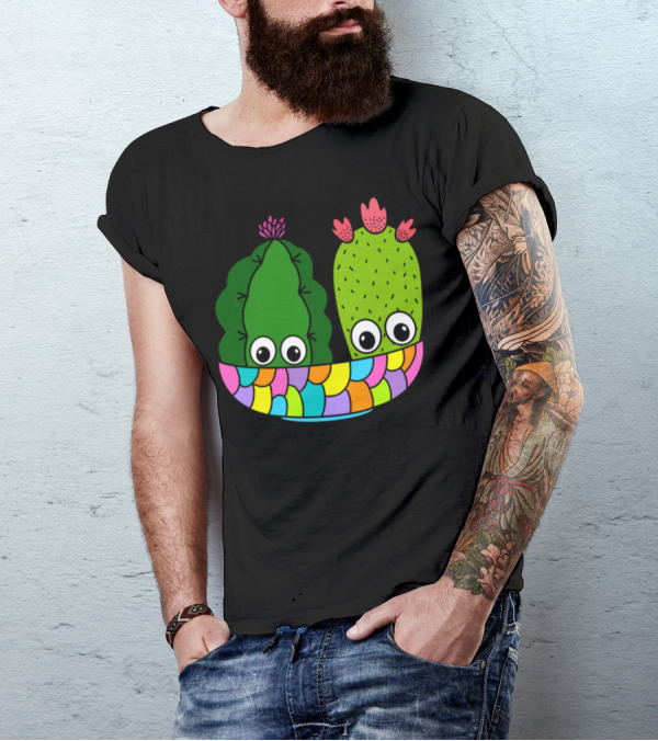 Pretty Cacti Arrangement With Eyes In Colorful Bowl T-Shirt