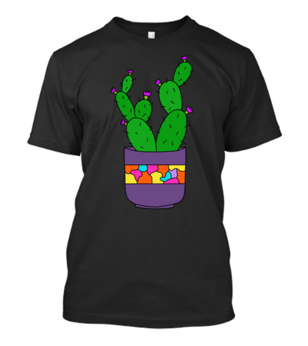 Pretty Cacti Bunch In Colorful Lovely Pot With Vibrant Flowers T-Shirt