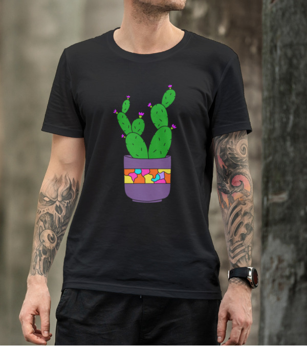 Pretty Cacti Bunch In Colorful Lovely Pot With Vibrant Flowers T-Shirt