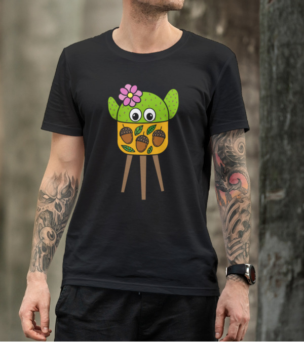 Pretty Cactus With Pink Flower In Acorn And Leaf Planter T-Shirt