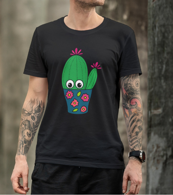 Pretty Cactus Eyes In Floral Pot T-Shirt