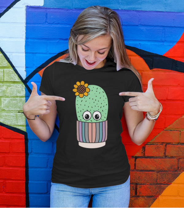 Cute Cactus With Flower In Colorful Striped Pot T-Shirt