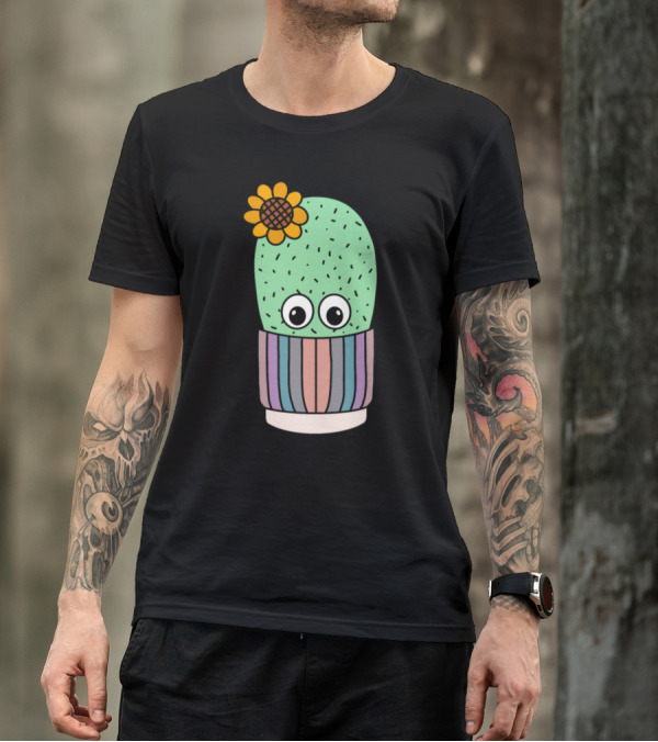 Cute Cactus With Flower In Colorful Striped Pot T-Shirt