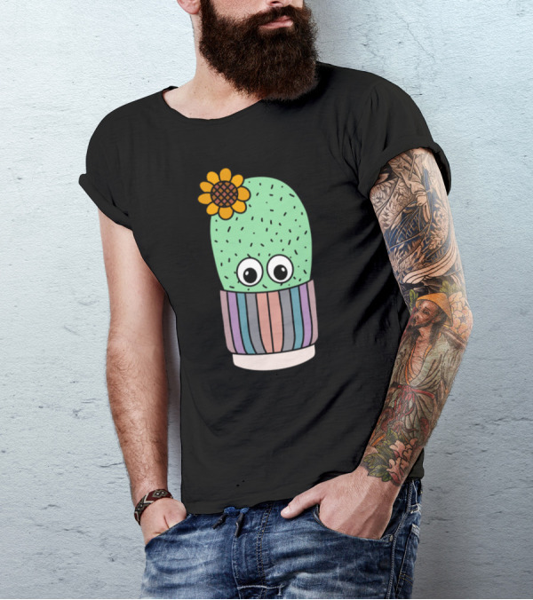 Cute Cactus With Flower In Colorful Striped Pot T-Shirt