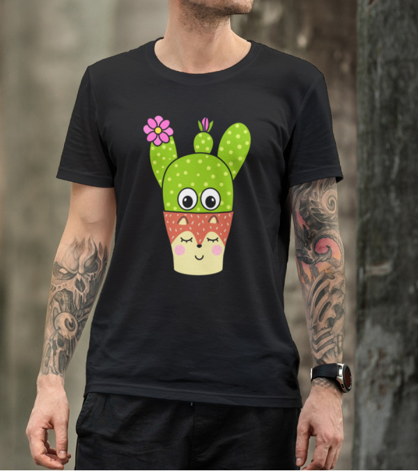 Pretty Cactus With Flower In Cute Fox Face Pot T-Shirt