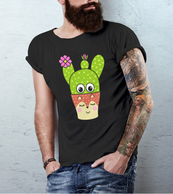 Pretty Cactus With Flower In Cute Fox Face Pot T-Shirt