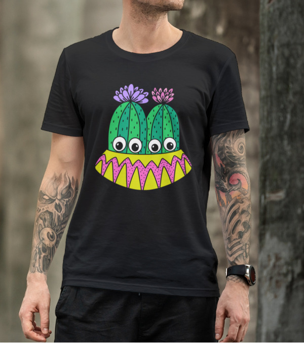 Pretty Potted Cactus With Flowers And Wide-Eyed Cartoon Faces T-Shirt