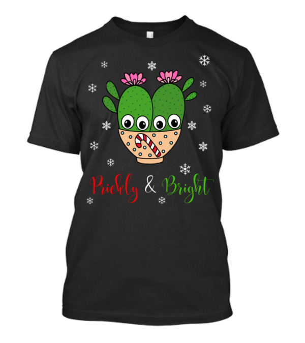Prickly And Bright Cacti Couple In Festive Snowflakes With Candy Cane T-Shirt