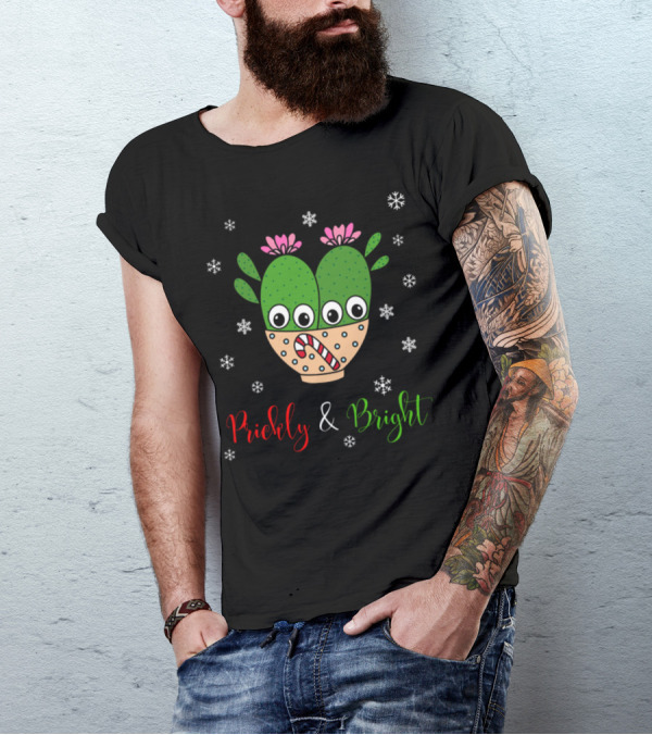 Prickly And Bright Cacti Couple In Festive Snowflakes With Candy Cane T-Shirt