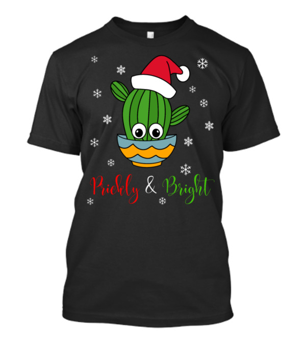 Prickly And Bright Cactus With A Santa Hat In Snowflakes T-Shirt