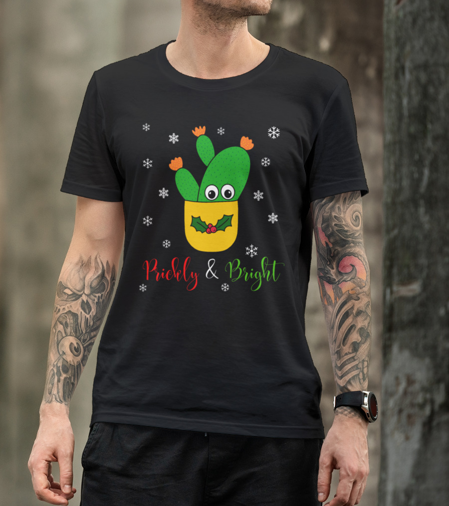 Prickly And Bright Opuntia Microdasys Cactus With Snowflakes And Holly T-Shirt
