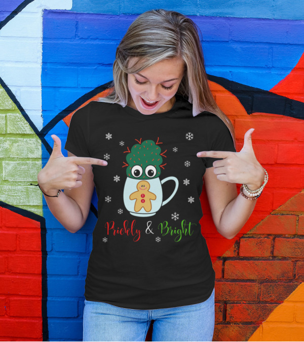 Prickly And Bright Small Cactus With Red Gingerbread Mug And Snowflakes T-Shirt