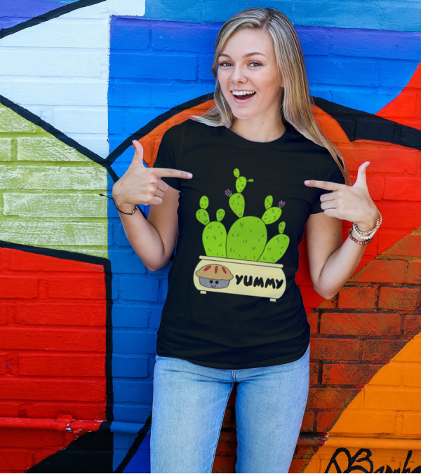 Prickly Pear Cacti In Yummy Pie Planter With Cute Pie Face T-Shirt