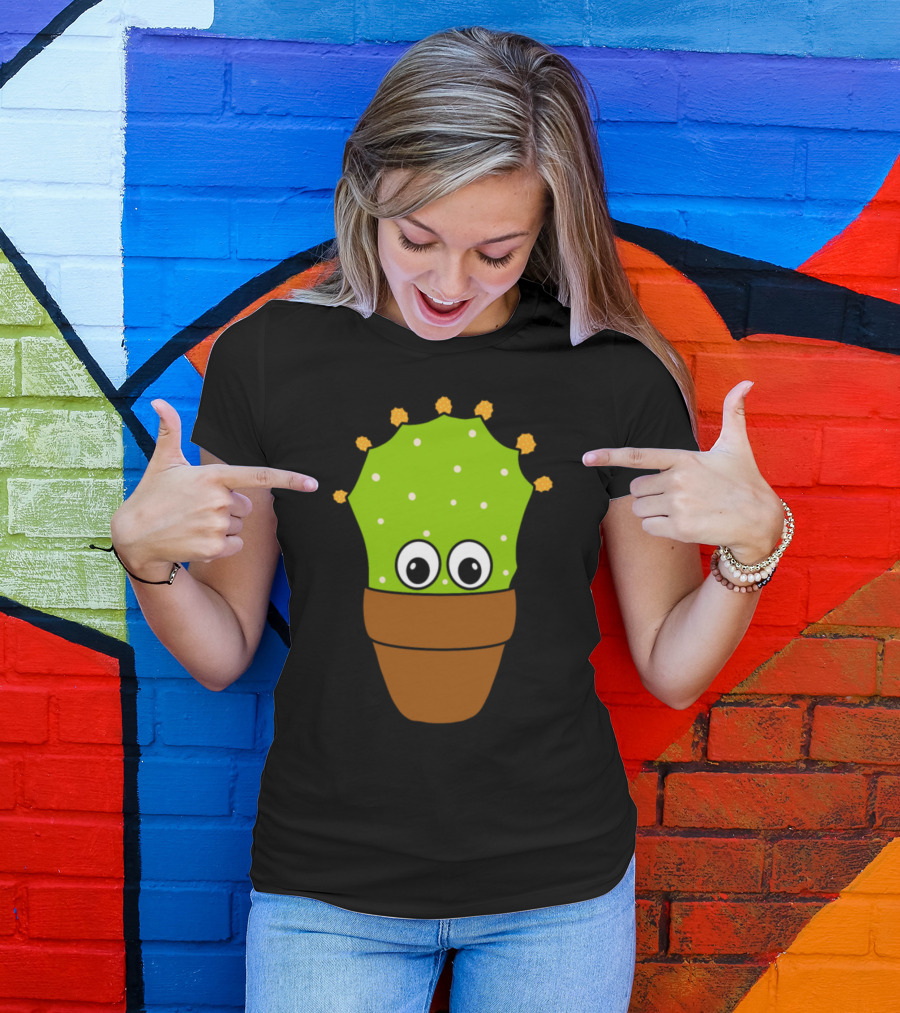 Prickly Pear Cactus With Cute Eyes And Buds In Pot T-Shirt
