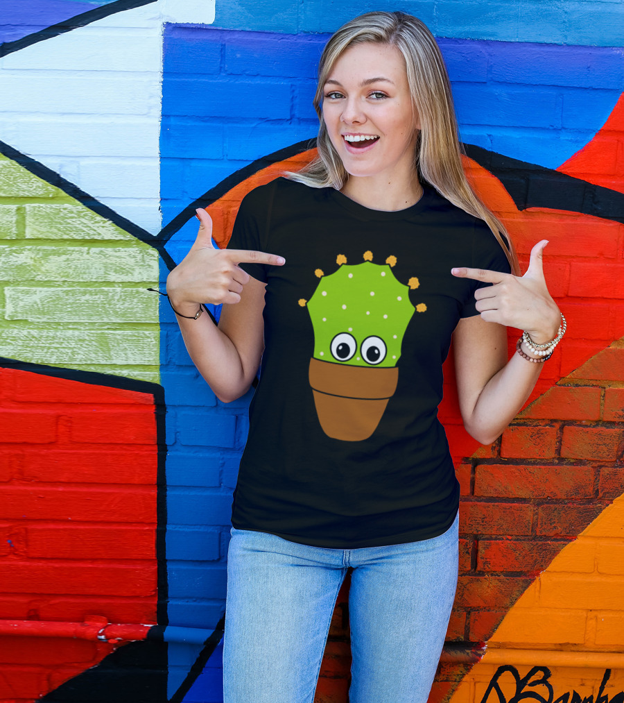 Prickly Pear Cactus With Cute Eyes And Buds In Pot T-Shirt