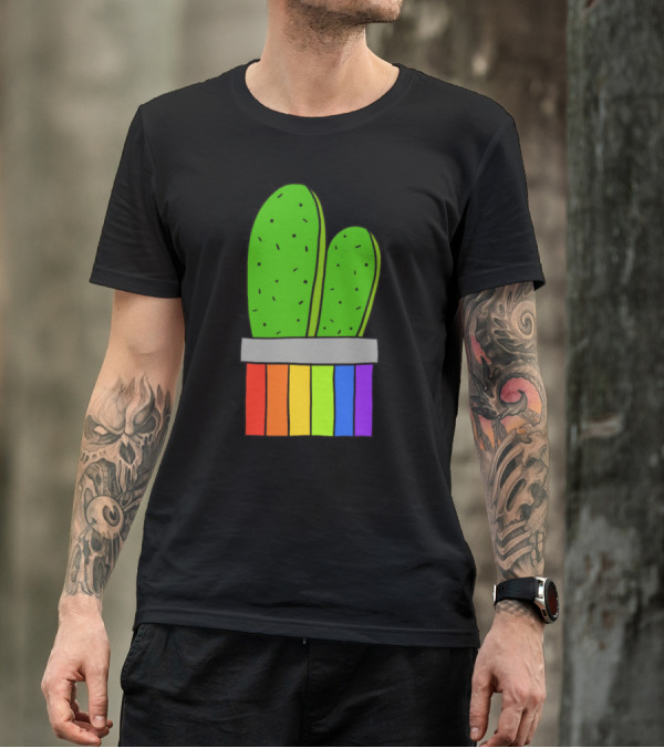 Rainbow Pot Cacti Green Illustration With Colorful Stripes T-Shirt