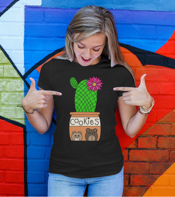 Rainbow Pincushion Cactus Bloom In Cookies Pot With Bear Faces T-Shirt