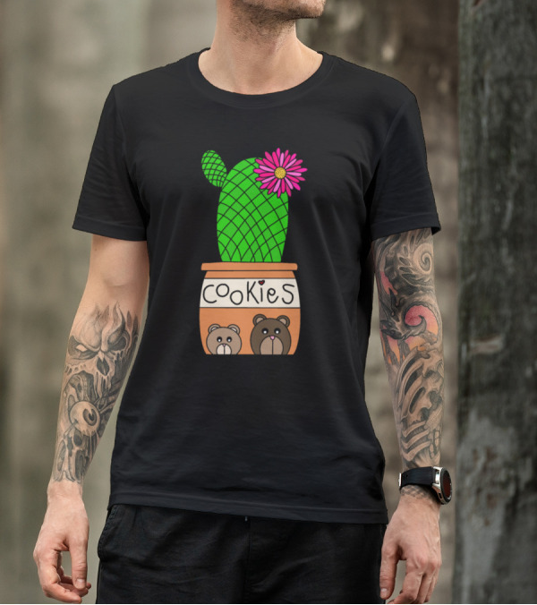 Rainbow Pincushion Cactus Bloom In Cookies Pot With Bear Faces T-Shirt