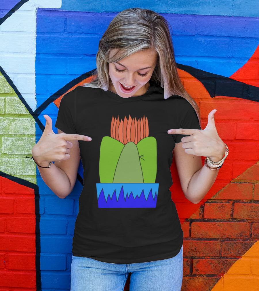 Red Flame Cactus Spiky Succulent In Blue Planter T-Shirt
