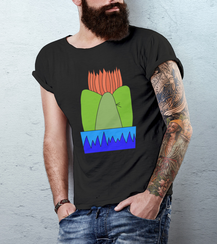 Red Flame Cactus Spiky Succulent In Blue Planter T-Shirt