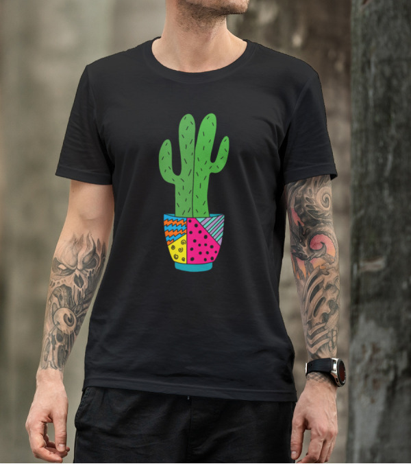 Saguaro Cacti In Funky Multi-Patterned Pot T-Shirt
