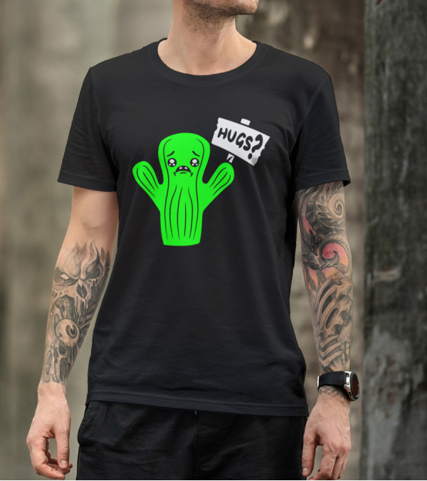 Sad Cartoon Cactus Holding Hugs? Sign Comic Face Hug Hugs Hugz T-Shirt