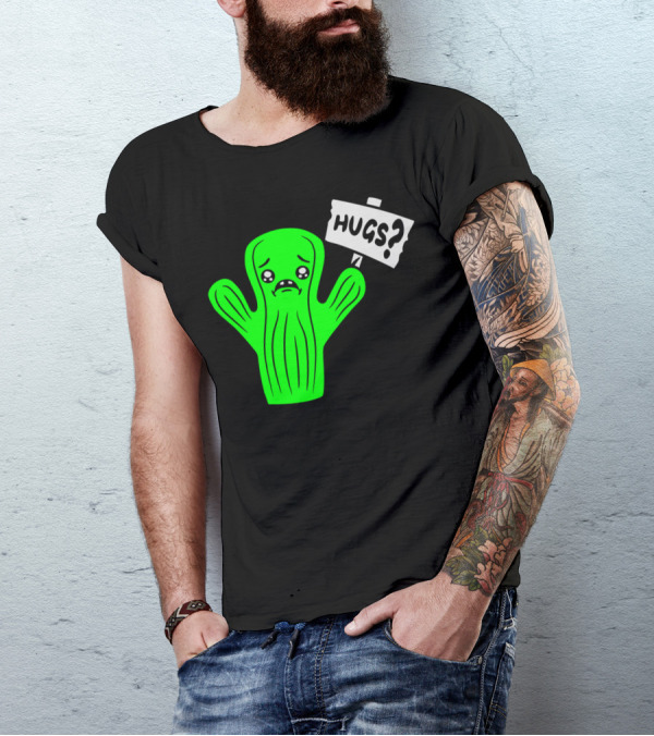 Sad Cartoon Cactus Holding Hugs? Sign Comic Face Hug Hugs Hugz T-Shirt