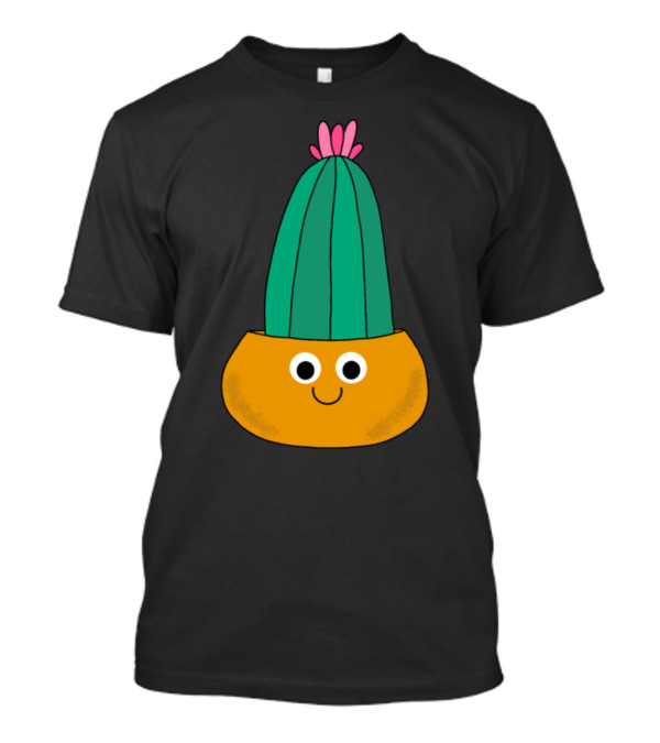 Slightly Blushing Cactus Pot Happy Face In Orange Planter With Pink Blossom T-Shirt