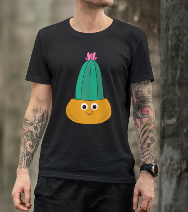 Slightly Blushing Cactus Pot Happy Face In Orange Planter With Pink Blossom T-Shirt