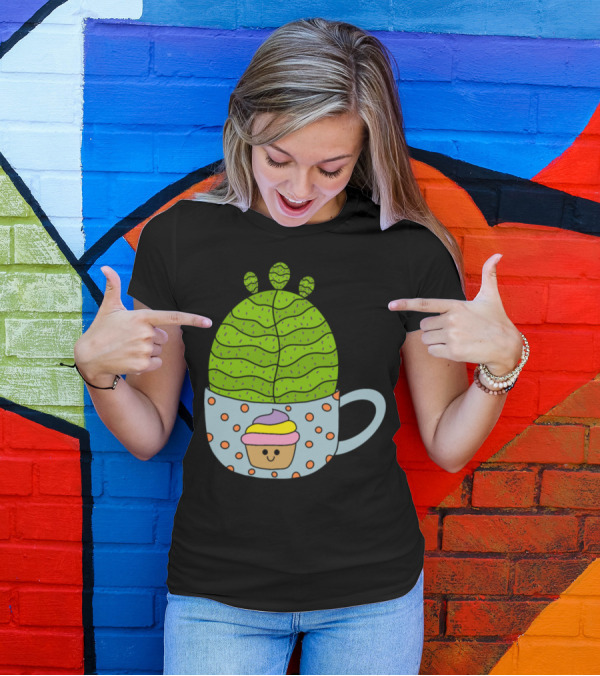 Small Barrel Cactus In Cute Cupcake Mug With Smiling Cupcake Decor T-Shirt