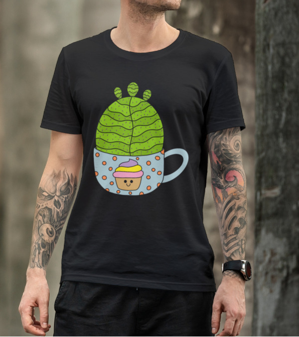Small Barrel Cactus In Cute Cupcake Mug With Smiling Cupcake Decor T-Shirt