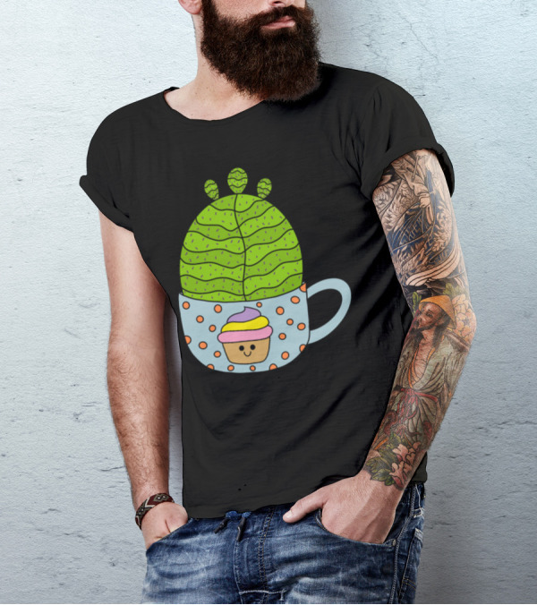 Small Barrel Cactus In Cute Cupcake Mug With Smiling Cupcake Decor T-Shirt